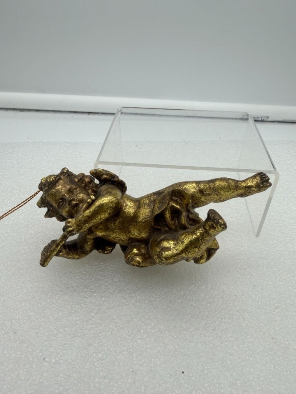 Antiqued Gold Tone Cherub Angel Playing Flute Ornament Christmas
